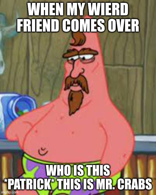 patrick | WHEN MY WIERD FRIEND COMES OVER; WHO IS THIS *PATRICK* THIS IS MR. CRABS | image tagged in patrick,patrick star | made w/ Imgflip meme maker