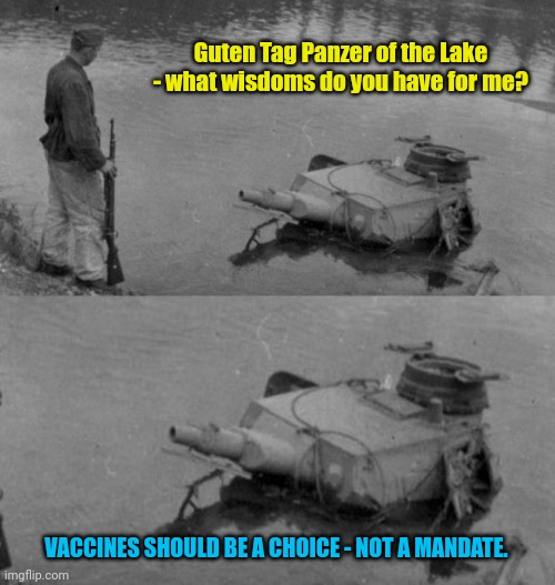 We need your wisdoms now more than ever.... | Guten Tag Panzer of the Lake - what wisdoms do you have for me? VACCINES SHOULD BE A CHOICE - NOT A MANDATE. | image tagged in panzer of the lake,covid vaccine,meme man,date | made w/ Imgflip meme maker