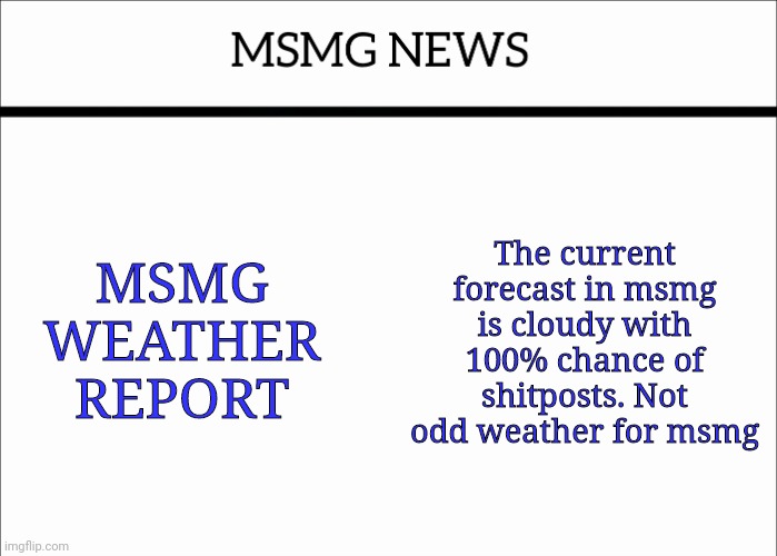 Up next is the news | MSMG WEATHER REPORT; The current forecast in msmg is cloudy with 100% chance of shitposts. Not odd weather for msmg | image tagged in msmg news | made w/ Imgflip meme maker