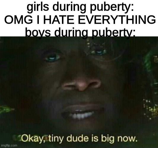 relatable? | girls during puberty: OMG I HATE EVERYTHING
boys during puberty: | image tagged in okay tiny dude is big now | made w/ Imgflip meme maker