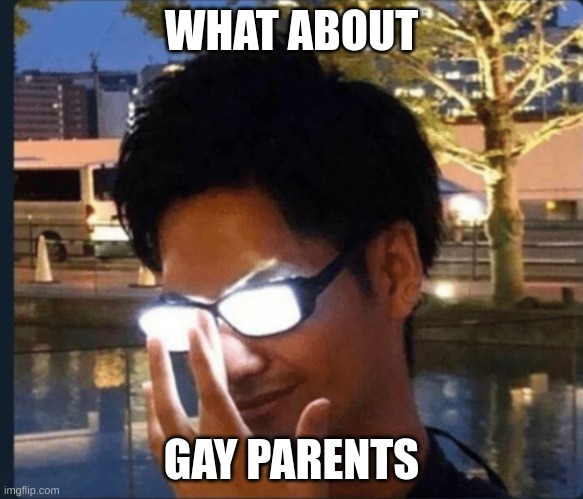 Anime glasses | WHAT ABOUT; GAY PARENTS | image tagged in anime glasses | made w/ Imgflip meme maker