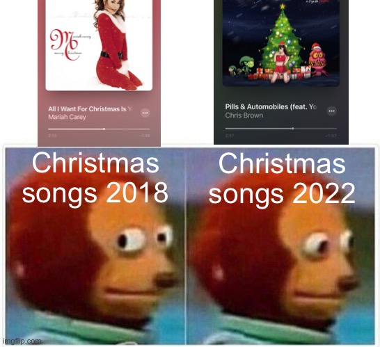 Monkey Puppet |  Christmas songs 2022; Christmas songs 2018 | image tagged in memes,monkey puppet,christmas,christmas music,rap,2022 | made w/ Imgflip meme maker