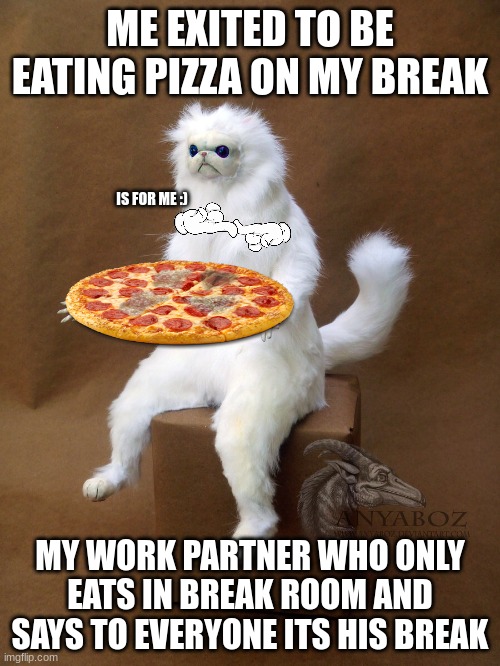 for me | ME EXITED TO BE EATING PIZZA ON MY BREAK; IS FOR ME :); MY WORK PARTNER WHO ONLY EATS IN BREAK ROOM AND SAYS TO EVERYONE ITS HIS BREAK | image tagged in memes,persian cat room guardian single,pizza,cat,funny,is for me | made w/ Imgflip meme maker