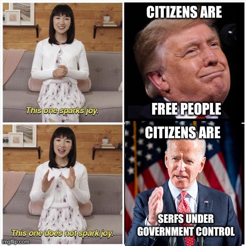 Free vs Serf | CITIZENS ARE; FREE PEOPLE; CITIZENS ARE; SERFS UNDER GOVERNMENT CONTROL | image tagged in marie kondo spark joy | made w/ Imgflip meme maker