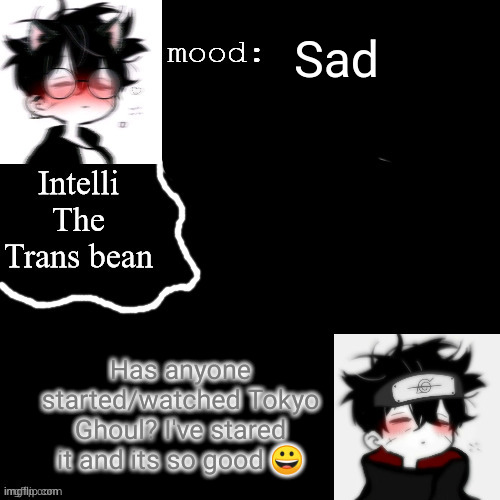 Hide kinda cute thoooo | Sad; Has anyone started/watched Tokyo Ghoul? I've stared it and its so good 😀 | image tagged in intellis temp | made w/ Imgflip meme maker