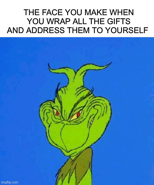 I am evil >:) |  THE FACE YOU MAKE WHEN YOU WRAP ALL THE GIFTS AND ADDRESS THEM TO YOURSELF | image tagged in memes,funny,grinch,lmao,merry christmas,presents | made w/ Imgflip meme maker