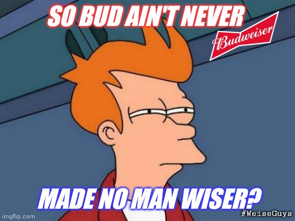 Mere Beer? Expand Your Mind with #Heinstein. © | SO BUD AIN'T NEVER; MADE NO MAN WISER? #WeiseGuys | image tagged in memes,futurama fry,budweiser,king of the hill,wise guys laughing,the great awakening | made w/ Imgflip meme maker