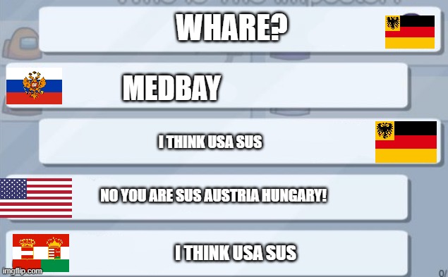 Among Country | WHARE? MEDBAY; I THINK USA SUS; NO YOU ARE SUS AUSTRIA HUNGARY! I THINK USA SUS | image tagged in among us chat | made w/ Imgflip meme maker