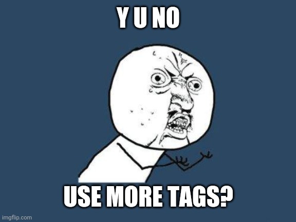 Why you no | Y U NO USE MORE TAGS? | image tagged in why you no | made w/ Imgflip meme maker