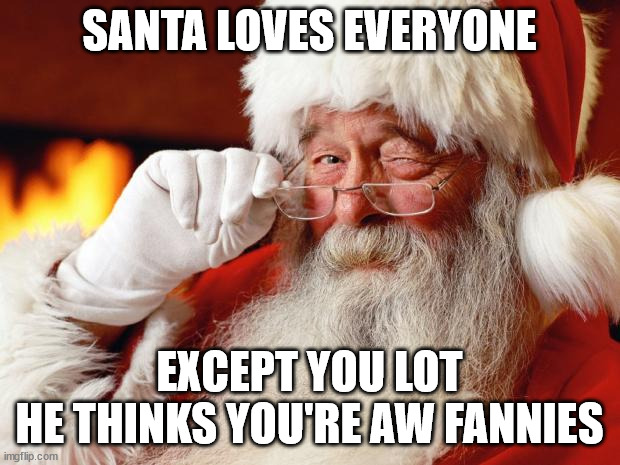 santa |  SANTA LOVES EVERYONE; EXCEPT YOU LOT
HE THINKS YOU'RE AW FANNIES | image tagged in santa | made w/ Imgflip meme maker
