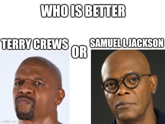 Blank White Template | WHO IS BETTER; TERRY CREWS; SAMUEL L JACKSON; OR | image tagged in blank white template | made w/ Imgflip meme maker