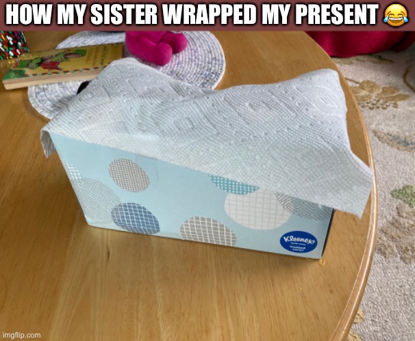 How my little sister wrapped my Christmas present |  HOW MY SISTER WRAPPED MY PRESENT 😂 | image tagged in christmas,present,tissue box,little sisters,siblings,funny | made w/ Imgflip meme maker