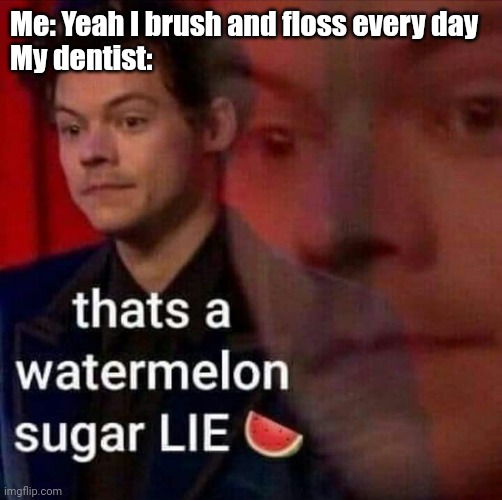 Have you been brushing and flossing? | Me: Yeah I brush and floss every day
My dentist: | image tagged in watermelon sugar lie,dentist,brushing teeth | made w/ Imgflip meme maker
