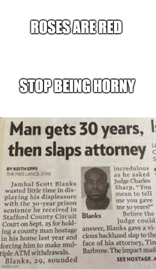ROSES ARE RED; STOP BEING HORNY | image tagged in blank white template | made w/ Imgflip meme maker