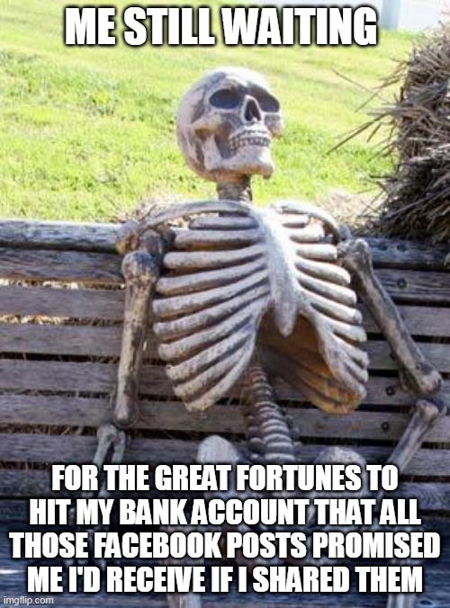 Any Day Now.... | ME STILL WAITING; FOR THE GREAT FORTUNES TO HIT MY BANK ACCOUNT THAT ALL THOSE FACEBOOK POSTS PROMISED ME I'D RECEIVE IF I SHARED THEM | image tagged in memes,waiting skeleton,facebook,scam,social media,rich | made w/ Imgflip meme maker
