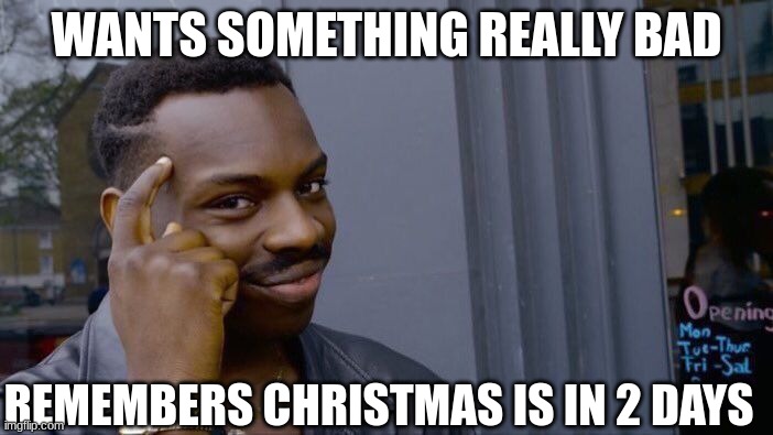 Roll Safe Think About It Meme | WANTS SOMETHING REALLY BAD; REMEMBERS CHRISTMAS IS IN 2 DAYS | image tagged in memes,roll safe think about it | made w/ Imgflip meme maker