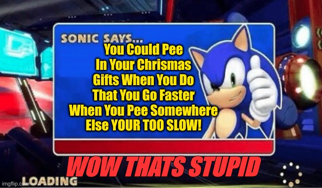 Sonic Says | You Could Pee In Your Chrismas Gifts When You Do That You Go Faster When You Pee Somewhere Else YOUR TOO SLOW! WOW THATS STUPID | image tagged in sonic says | made w/ Imgflip meme maker