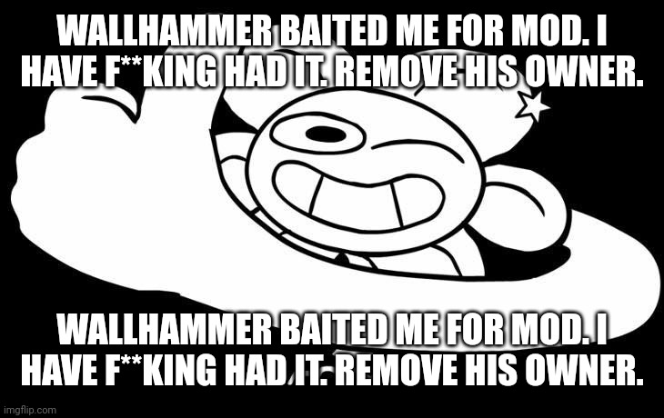 Flowey approves | WALLHAMMER BAITED ME FOR MOD. I HAVE F**KING HAD IT. REMOVE HIS OWNER. WALLHAMMER BAITED ME FOR MOD. I HAVE F**KING HAD IT. REMOVE HIS OWNER. | image tagged in flowey approves | made w/ Imgflip meme maker