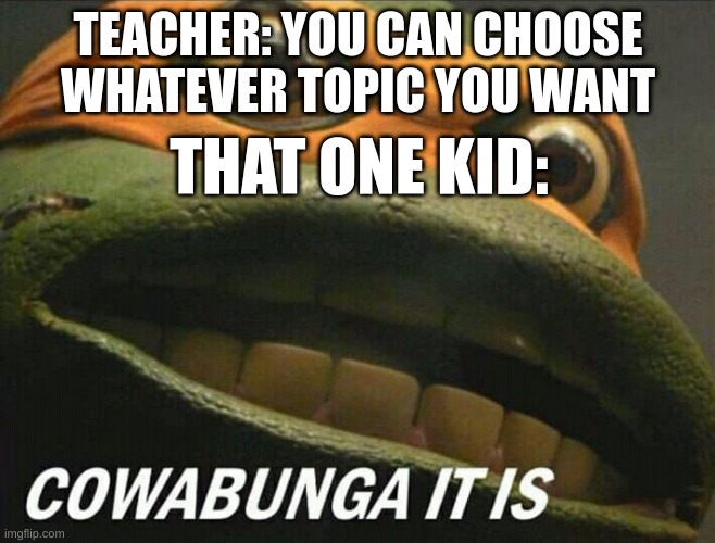There's always that one kid... |  TEACHER: YOU CAN CHOOSE WHATEVER TOPIC YOU WANT; THAT ONE KID: | image tagged in cowabunga it is | made w/ Imgflip meme maker