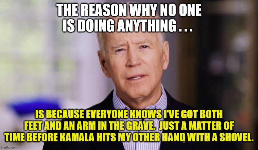 Joe Biden 2020 | THE REASON WHY NO ONE IS DOING ANYTHING . . . IS BECAUSE EVERYONE KNOWS I'VE GOT BOTH FEET AND AN ARM IN THE GRAVE.  JUST A MATTER OF TIME B | image tagged in joe biden 2020 | made w/ Imgflip meme maker