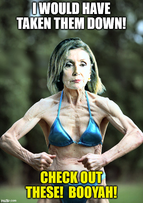Nancy Pelosi in a Bikini | I WOULD HAVE TAKEN THEM DOWN! CHECK OUT THESE!  BOOYAH! | image tagged in nancy pelosi in a bikini | made w/ Imgflip meme maker