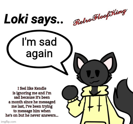 :( | I'm sad
again; I feel like Kendle is ignoring me and I'm sad because it's been a month since he messaged me last, I've been trying to message him when he's on but he never answers... | image tagged in loki says by retrofloofking | made w/ Imgflip meme maker