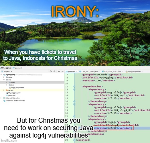 Irony_Java | IRONY:; When you have tickets to travel to Java, Indonesia for Christmas; But for Christmas you need to work on securing Java against log4j vulnerabilities | image tagged in java,log4j,christmas,expectation,funny memes,irony | made w/ Imgflip meme maker