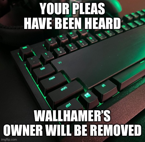 YOUR PLEAS HAVE BEEN HEARD; WALLHAMER’S OWNER WILL BE REMOVED | made w/ Imgflip meme maker