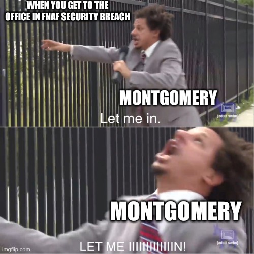 let me in | WHEN YOU GET TO THE OFFICE IN FNAF SECURITY BREACH; MONTGOMERY; MONTGOMERY | image tagged in let me in | made w/ Imgflip meme maker