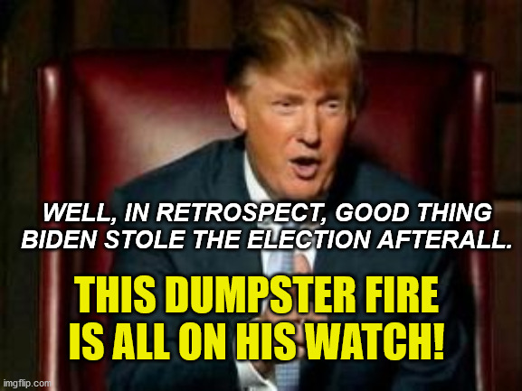 Donald Trump | THIS DUMPSTER FIRE IS ALL ON HIS WATCH! WELL, IN RETROSPECT, GOOD THING BIDEN STOLE THE ELECTION AFTERALL. | image tagged in donald trump | made w/ Imgflip meme maker