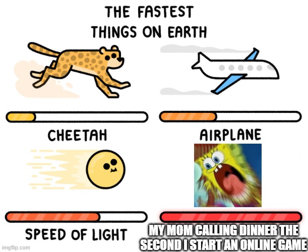 Moms calling for dinner | MY MOM CALLING DINNER THE SECOND I START AN ONLINE GAME | image tagged in fastest thing on earth | made w/ Imgflip meme maker
