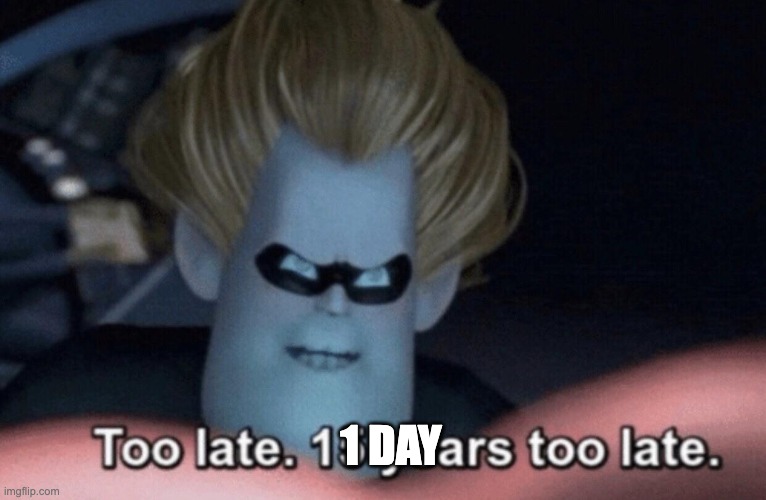 Too Late | 1 DAY | image tagged in too late | made w/ Imgflip meme maker