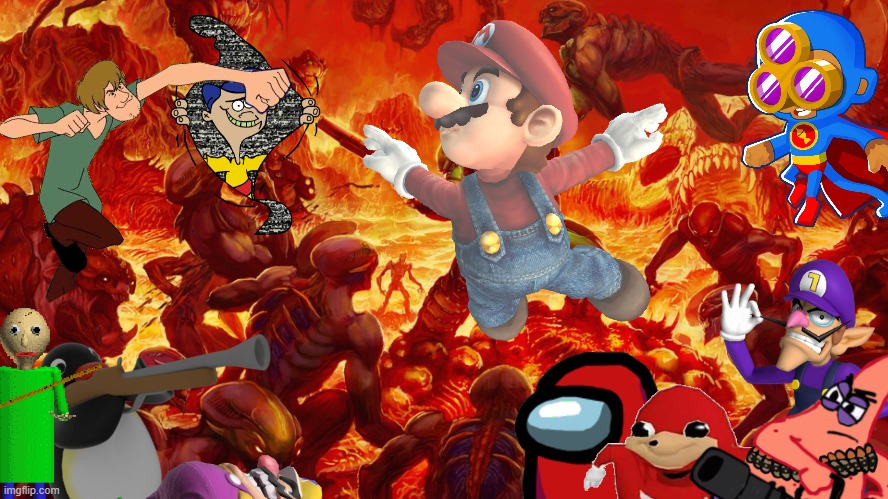 mario survives a fight against shaggy, rolf, baldi, pingu, the imposter, waluigi, patrick, ugandan knuckles, and a super monkey. | image tagged in doomguy | made w/ Imgflip meme maker