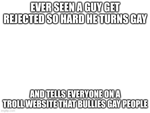 4chin | EVER SEEN A GUY GET REJECTED SO HARD HE TURNS GAY; AND TELLS EVERYONE ON A TROLL WEBSITE THAT BULLIES GAY PEOPLE | image tagged in blank white template | made w/ Imgflip meme maker