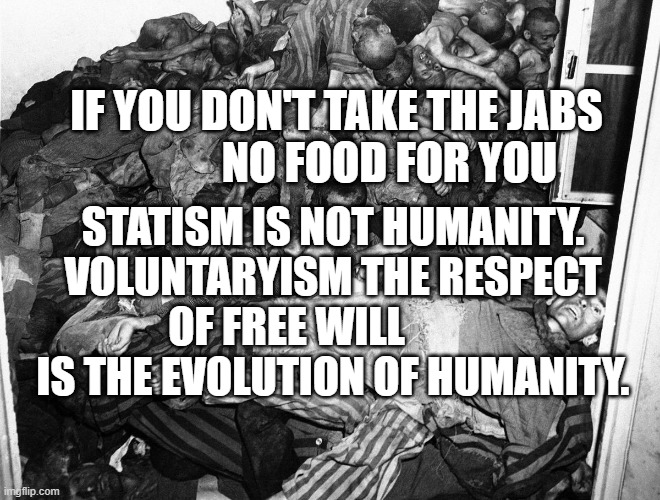 HolocaustVictims | IF YOU DON'T TAKE THE JABS              NO FOOD FOR YOU; STATISM IS NOT HUMANITY.
VOLUNTARYISM THE RESPECT OF FREE WILL             IS THE EVOLUTION OF HUMANITY. | image tagged in holocaustvictims | made w/ Imgflip meme maker