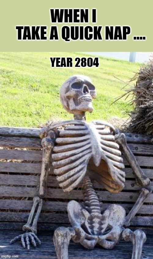 Waiting Skeleton | WHEN I  
   TAKE A QUICK NAP .... YEAR 2804 | image tagged in memes,waiting skeleton,quick,nap | made w/ Imgflip meme maker