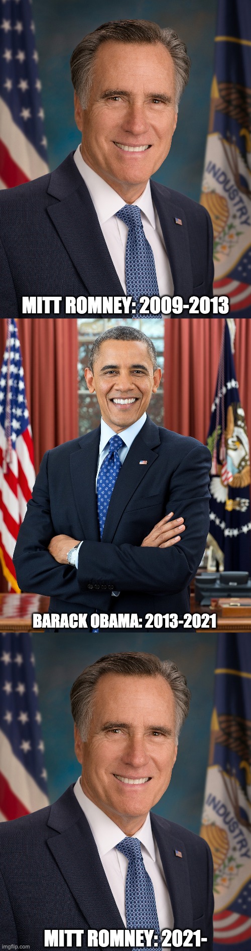 Alternate Presidents part 3: | MITT ROMNEY: 2009-2013; BARACK OBAMA: 2013-2021; MITT ROMNEY: 2021- | made w/ Imgflip meme maker