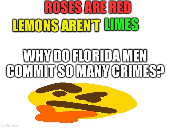 Uh…The funk? | ROSES ARE RED; LEMONS AREN’T; LIMES; WHY DO FLORIDA MEN COMMIT SO MANY CRIMES? | image tagged in blank white template,florida man | made w/ Imgflip meme maker