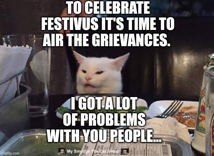 TO CELEBRATE FESTIVUS IT'S TIME TO AIR THE GRIEVANCES. I GOT A LOT OF PROBLEMS WITH YOU PEOPLE... | image tagged in smudge the cat | made w/ Imgflip meme maker