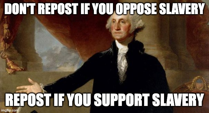 george washington | DON'T REPOST IF YOU OPPOSE SLAVERY; REPOST IF YOU SUPPORT SLAVERY | image tagged in george washington | made w/ Imgflip meme maker