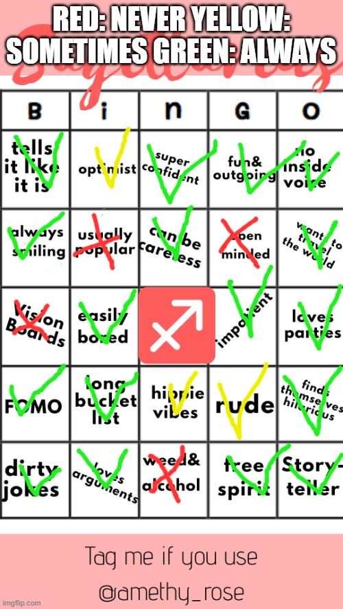 Sagittarius official bingo | RED: NEVER YELLOW: SOMETIMES GREEN: ALWAYS | image tagged in sagittarius official bingo | made w/ Imgflip meme maker