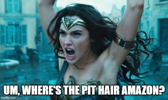 Fake! | UM, WHERE'S THE PIT HAIR AMAZON? | image tagged in wonder woman rage | made w/ Imgflip meme maker
