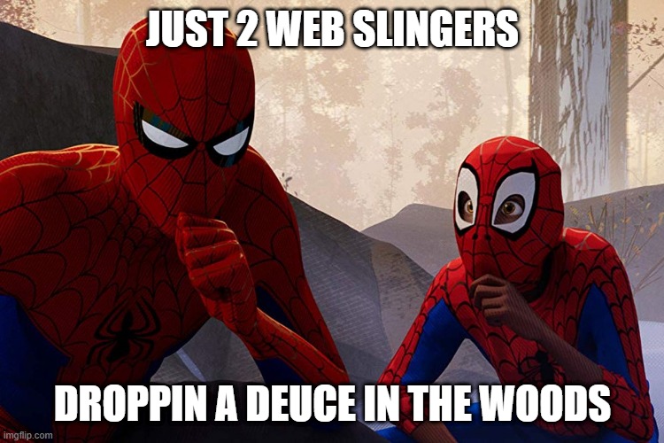 Squat and think | JUST 2 WEB SLINGERS; DROPPIN A DEUCE IN THE WOODS | image tagged in learning from spiderman | made w/ Imgflip meme maker