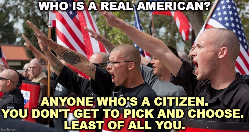 Neo Nazis | WHO IS A REAL AMERICAN? ANYONE WHO'S A CITIZEN.
YOU DON'T GET TO PICK AND CHOOSE. 
LEAST OF ALL YOU. | image tagged in neo nazis,white supremacists,right wing,conservative,republicans,gop | made w/ Imgflip meme maker