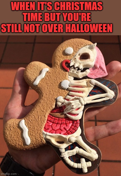 IT'S A MULTI HOLIDAY COOKIE! |  WHEN IT'S CHRISTMAS TIME BUT YOU'RE STILL NOT OVER HALLOWEEN | image tagged in gingerbread man,christmas memes,christmas,cookies,halloween | made w/ Imgflip meme maker