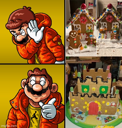 GINGERBREAD CASTLE IS MUCH BETTER | image tagged in 2020 gingerbread house,super mario bros,super mario,castle,gingerbread,christmas | made w/ Imgflip meme maker