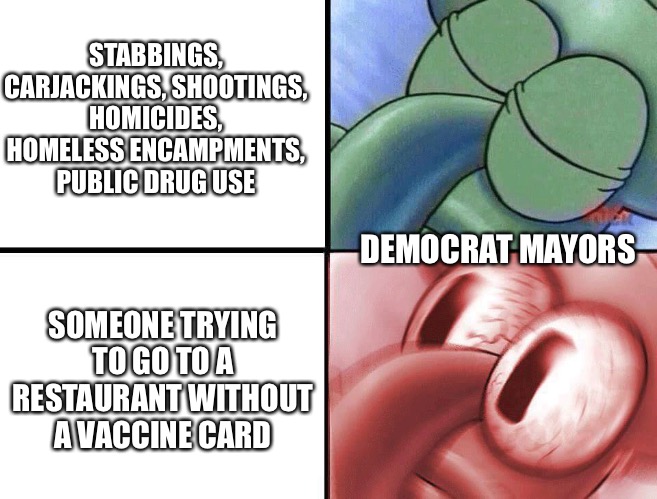 sleeping Squidward | STABBINGS, CARJACKINGS, SHOOTINGS, HOMICIDES, HOMELESS ENCAMPMENTS, PUBLIC DRUG USE; DEMOCRAT MAYORS; SOMEONE TRYING TO GO TO A RESTAURANT WITHOUT A VACCINE CARD | image tagged in sleeping squidward | made w/ Imgflip meme maker