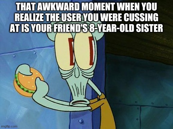 Oh shit Squidward | THAT AWKWARD MOMENT WHEN YOU REALIZE THE USER YOU WERE CUSSING AT IS YOUR FRIEND'S 8-YEAR-OLD SISTER | image tagged in oh shit squidward | made w/ Imgflip meme maker