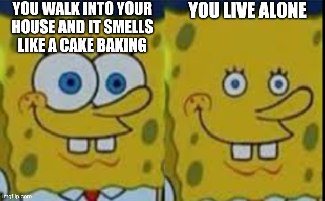 Spongebob realizing | YOU WALK INTO YOUR HOUSE AND IT SMELLS LIKE A CAKE BAKING; YOU LIVE ALONE | image tagged in spongebob realizing | made w/ Imgflip meme maker