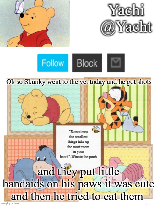 Yachi's Winnie temp | Ok so Skunky went to the vet today and he got shots; and they put little bandaids on his paws it was cute and then he tried to eat them | image tagged in yachi's winnie temp | made w/ Imgflip meme maker
